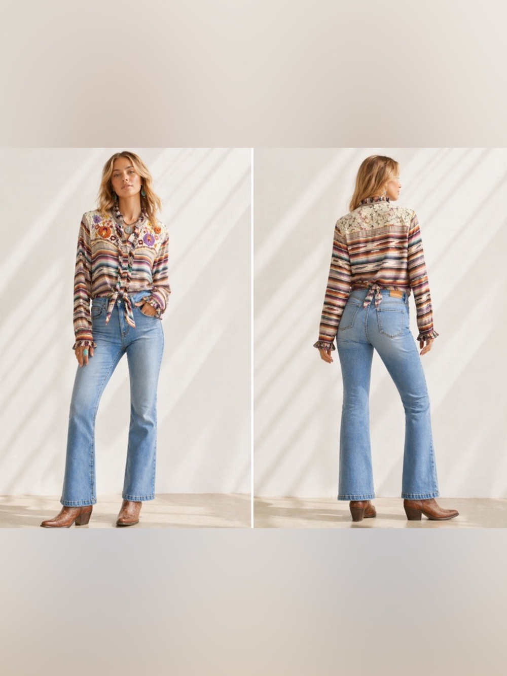 Double D Ranch Santa Rita Blouse Western Pearl Snap Serape Embroidered Boho Top - Picture 2 of 16